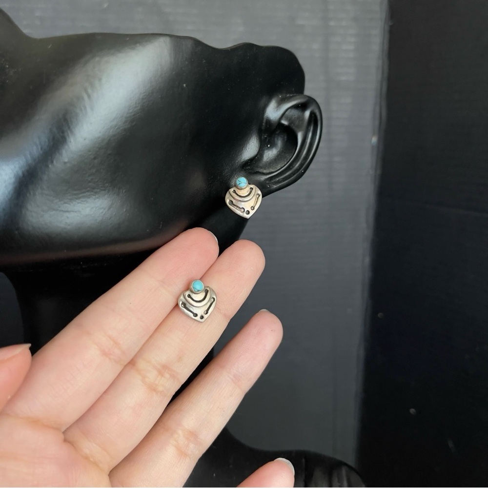 Sterling Silver Heart Turquoise Vintage Stud Earrings Marked 925